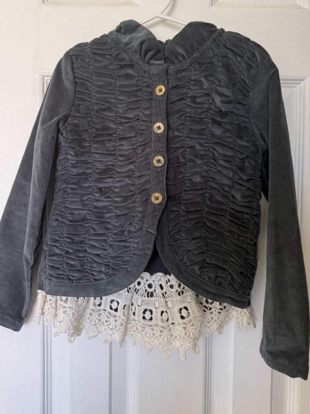 Girls Mustard Pie Gray Blue Ruched Button Jacket with Lace Trim